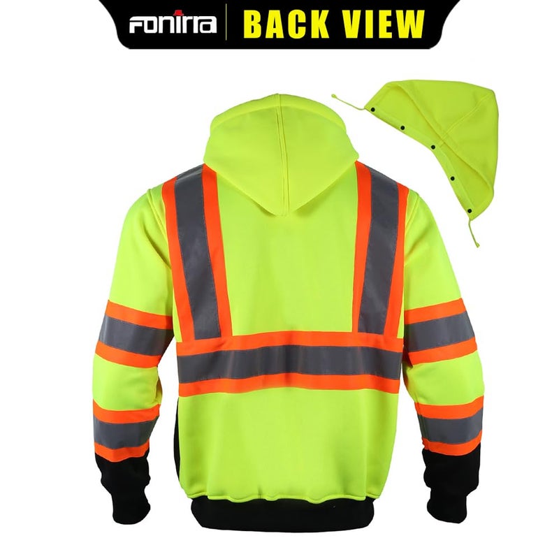 FONIRRA Hi Vis Safety Fleece Zip Hoodie للرجال بلوزات عاكسة ANSI Class 3 سترات قابلة للفصل (أصفر، XL) - Image 2